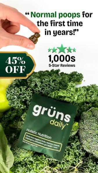 A high-performing testimonial ad for Grüns Daily that uses a direct, bold customer quote as the primary hook over a natural, organic background.